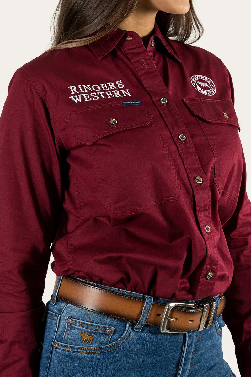 Signature Jillaroo Womens Full Button Work Shirt - Burgundy / White