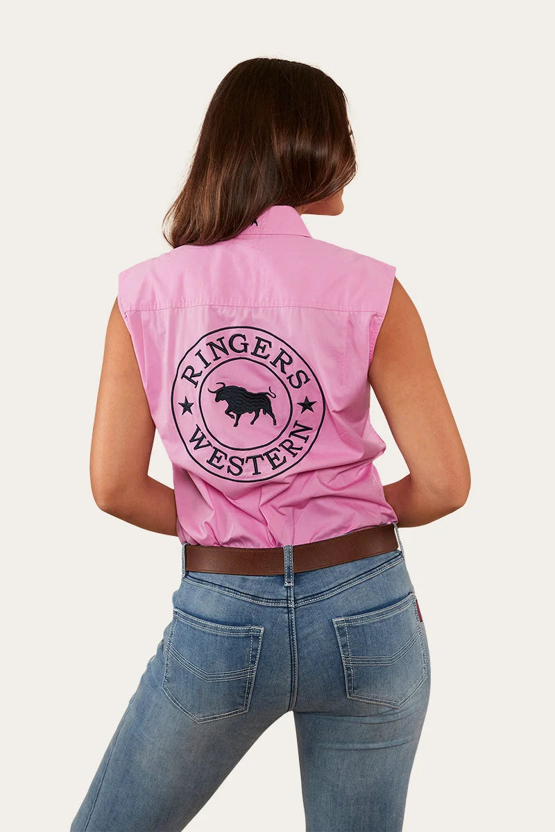 Signature Jillaroo Womens Sleeveless Work Shirt - Pastel Pink / Navy