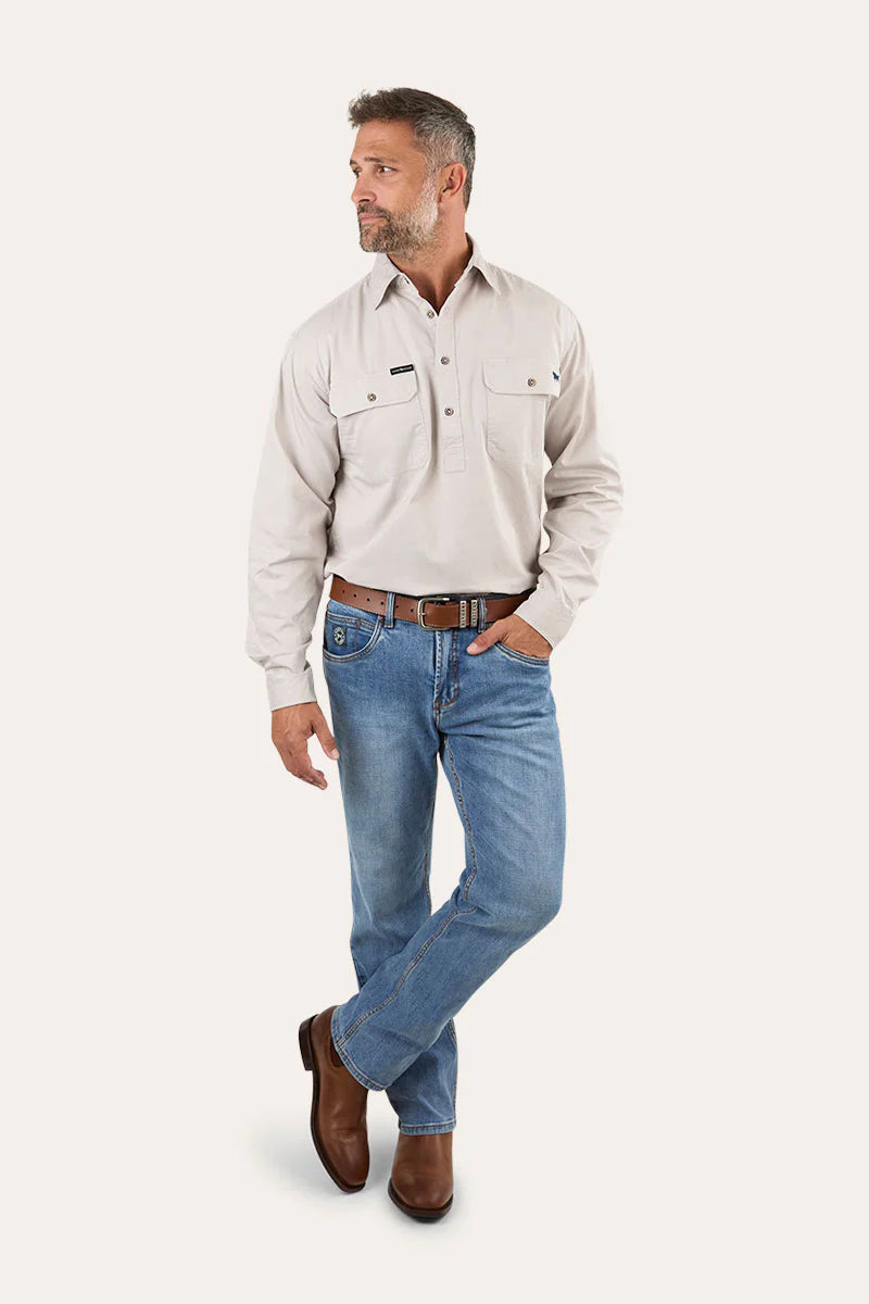 King River Mens Half Button Work Shirt - Beige