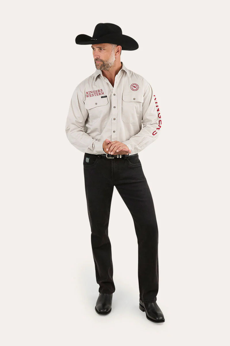 Hawkeye Mens Full Button Work Shirt - Beige / Red
