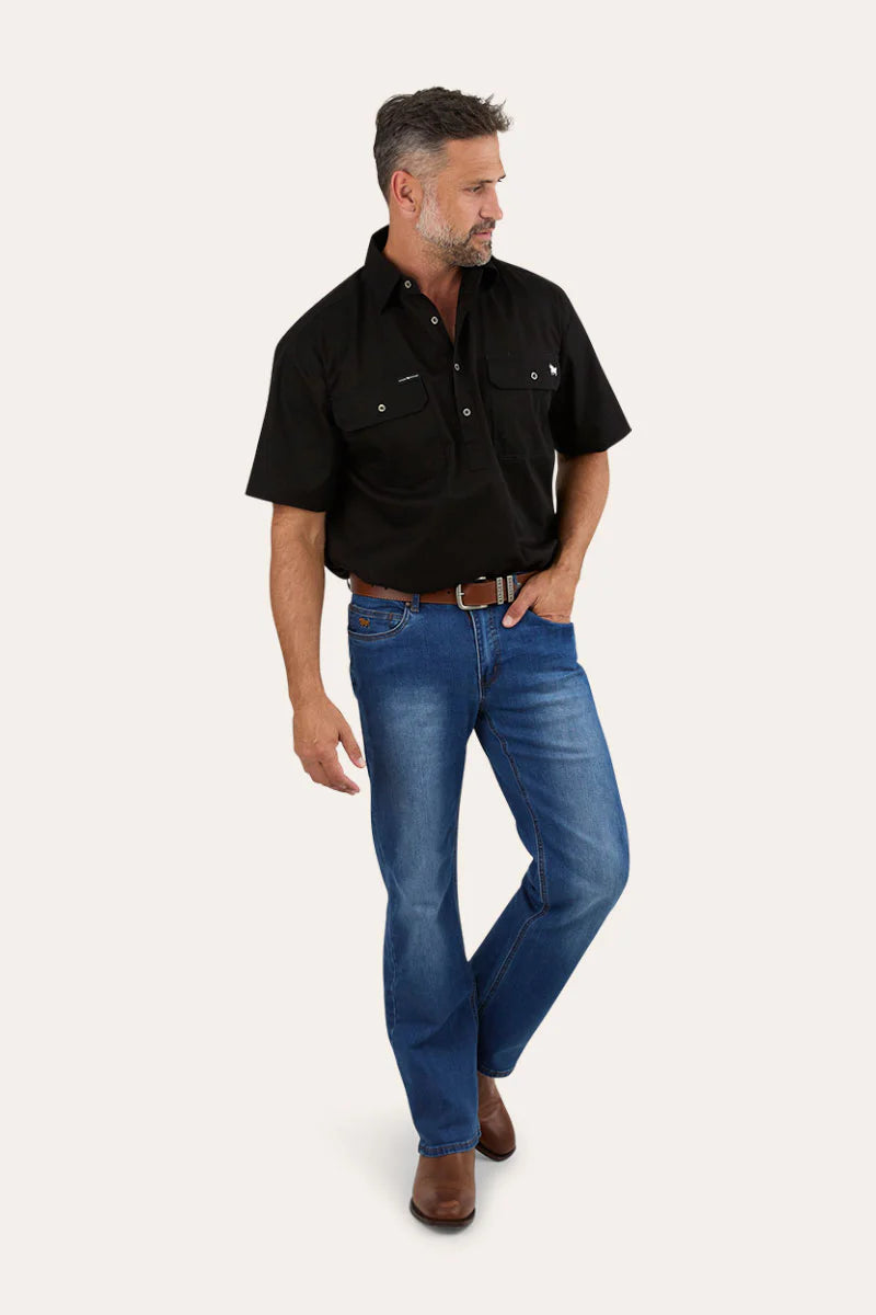Pack Saddle Mens Short Sleeve Half Button Work Shirt - Black