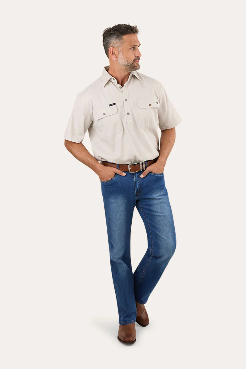 Pack Saddle Mens Short Sleeve Half Button Work Shirt - Beige