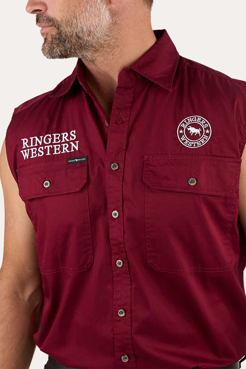 Hawkeye Mens Sleevless Work Shirt - Burgundy with White Embroidery