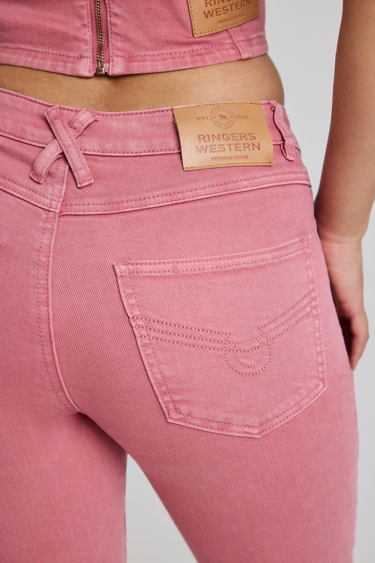 Rodeo Rose Women’s Lace Front Mid Rise Bootleg Jeans - Washed Pink