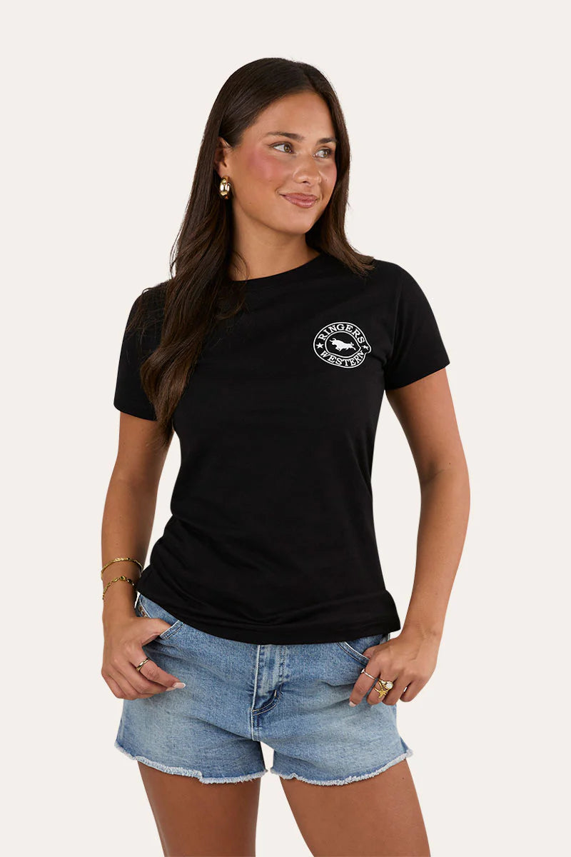 Signature Bull Womens Classic FITTED T-Shirt - Black with White Print