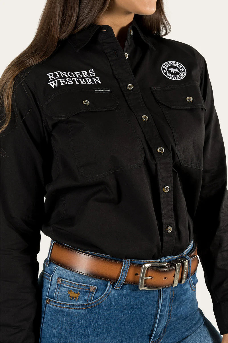 Signature Jillaroo Womens Full Button Work Shirt - Black with White Embroidery