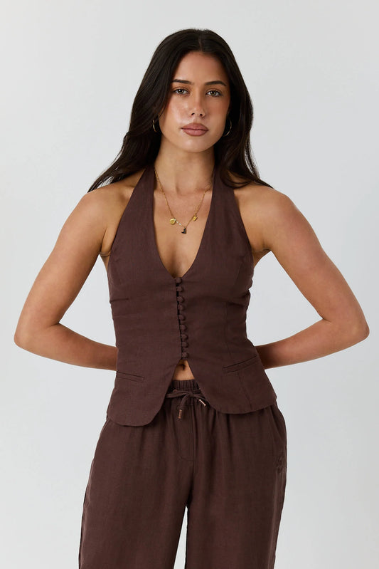 Fallon Women’s Linen Halter Top - Chocolate