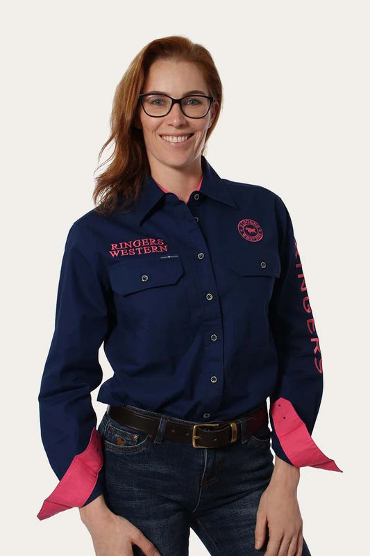 Signature Jillaroo Womens Full Button Work Shirt - Navy / Melon