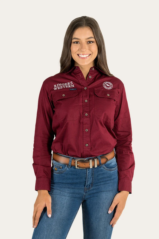 Signature Jillaroo Womens Full Button Work Shirt - Burgundy / White