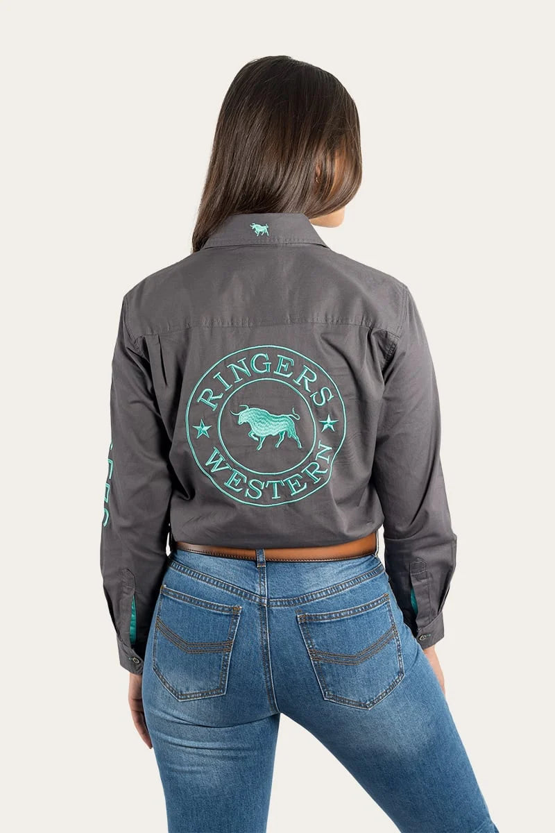 Signature Jillaroo Womens Full Button Work Shirt - Magnum with Mint Embroidery