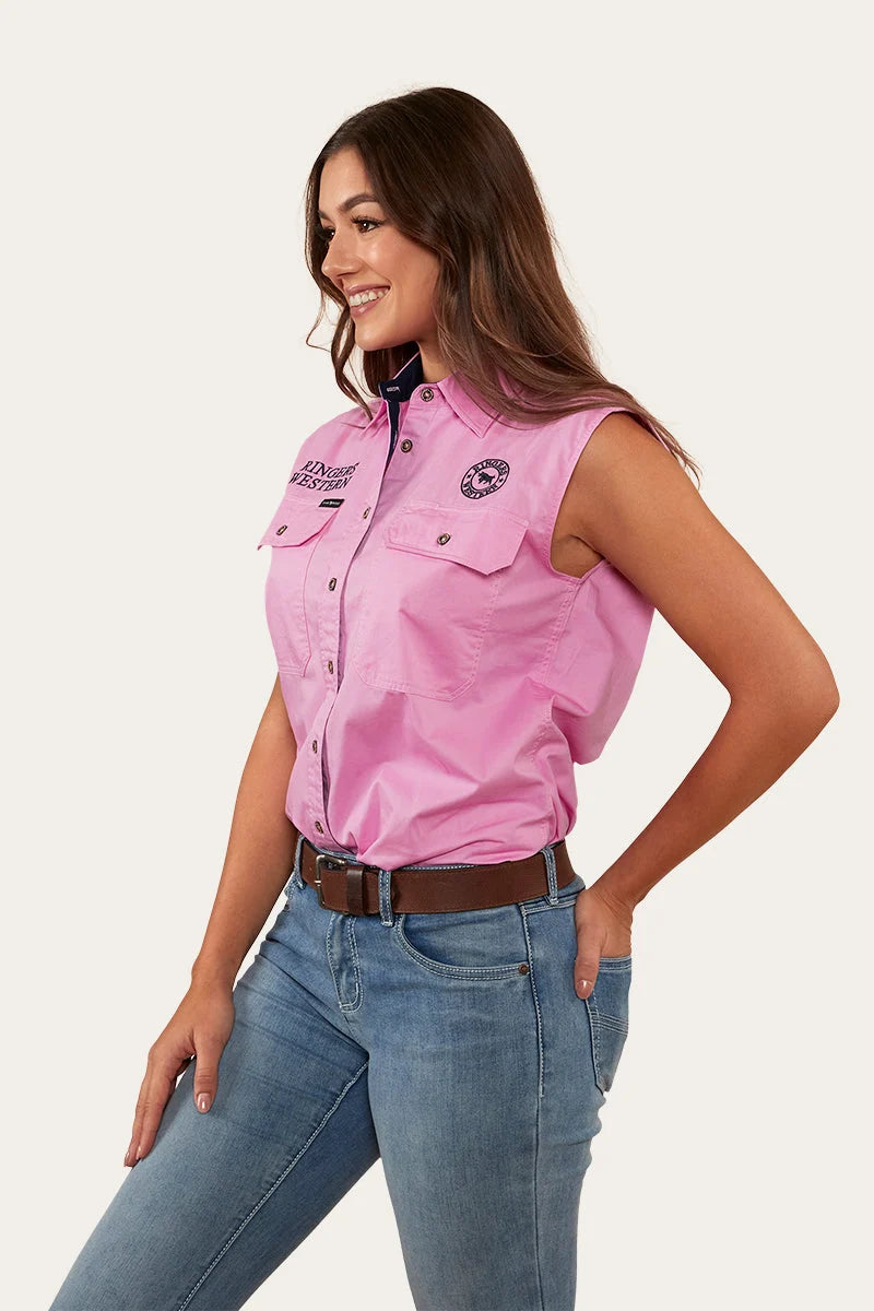 Signature Jillaroo Womens Sleeveless Work Shirt - Pastel Pink / Navy