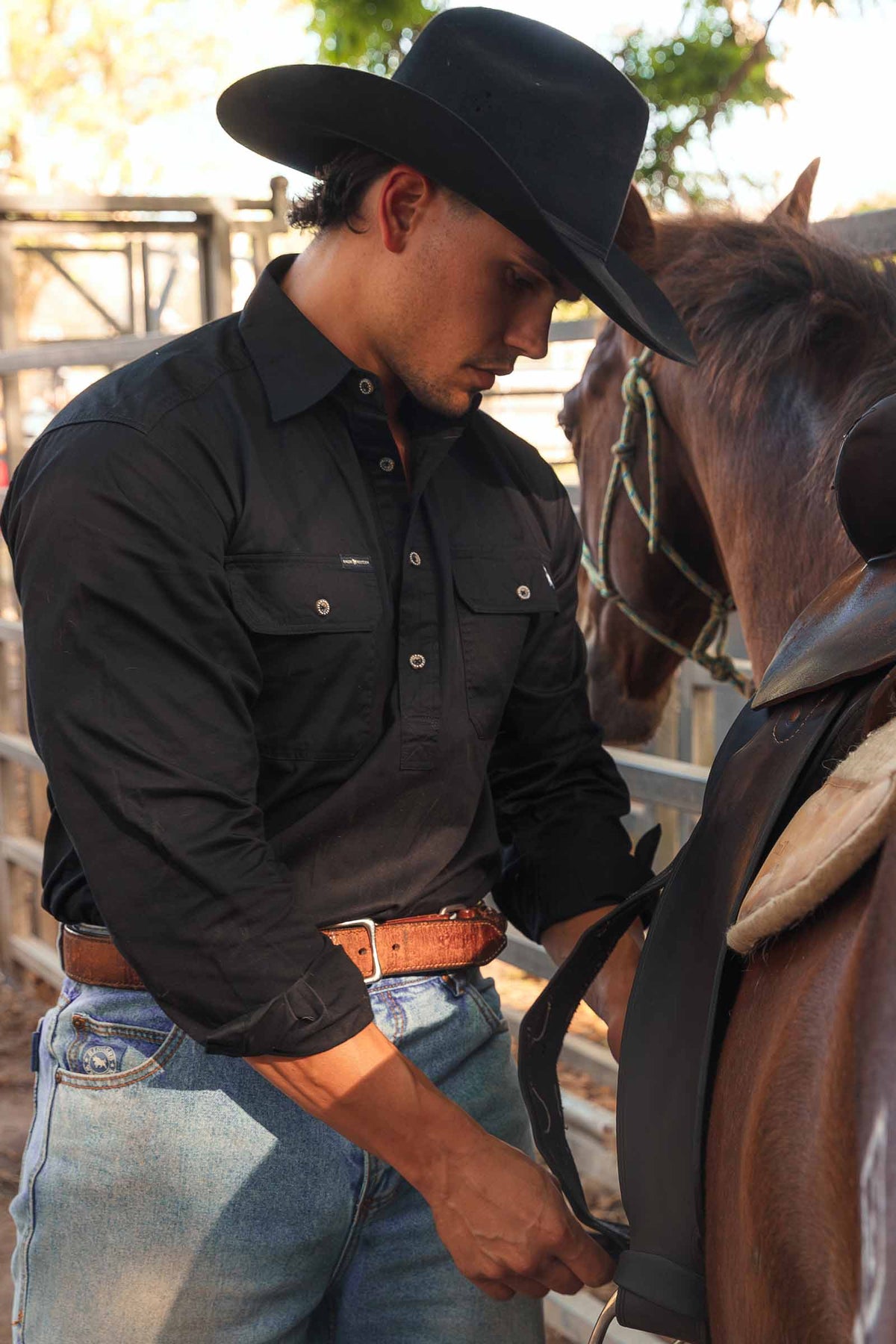 King River Mens Half Button Work Shirt - Black