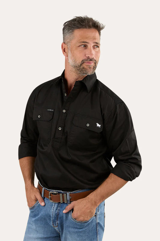 King River Mens Half Button Work Shirt - Black