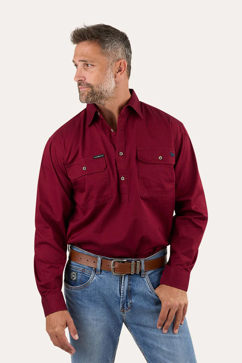 King River Mens Half Button Work Shirt - Burgundy
