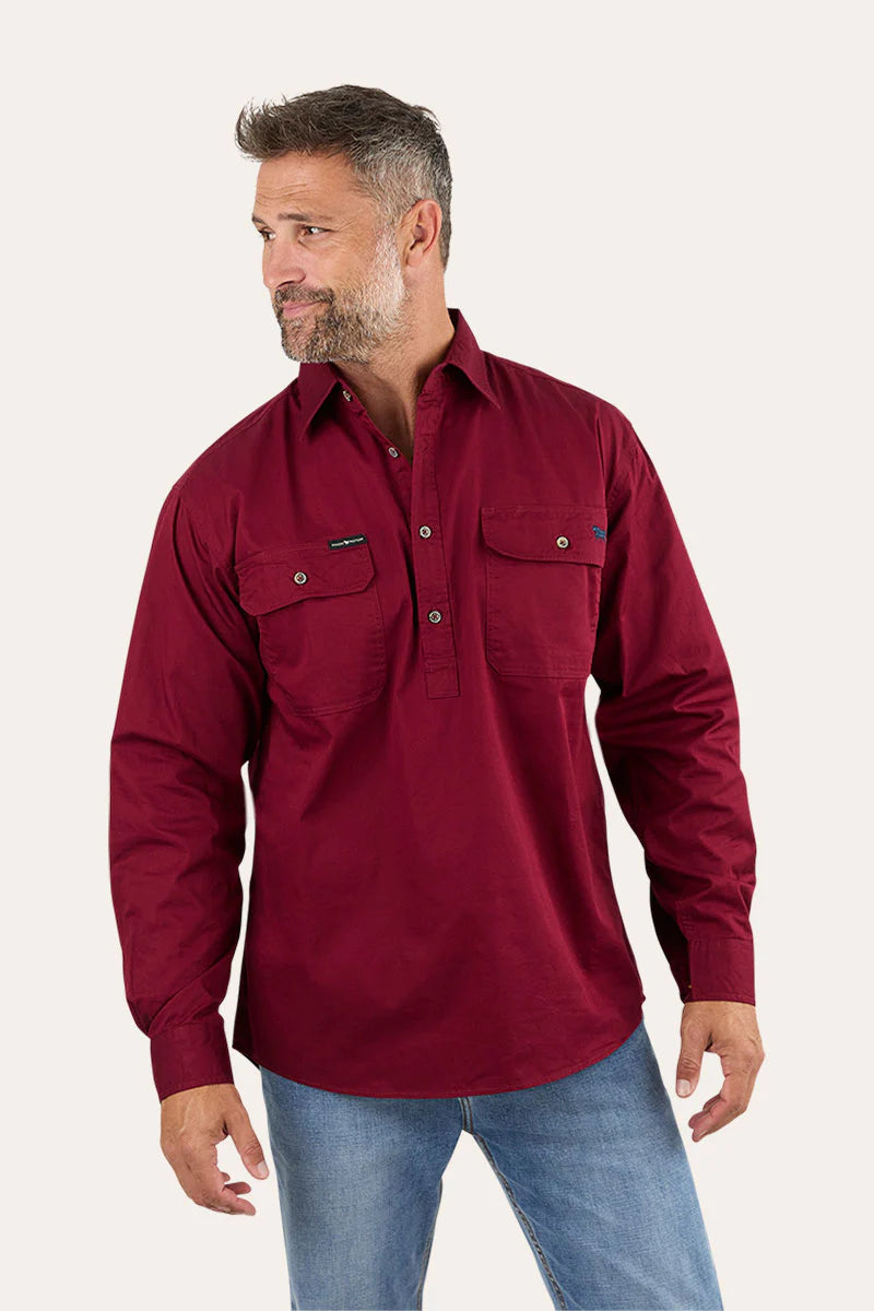 King River Mens Half Button Work Shirt - Burgundy