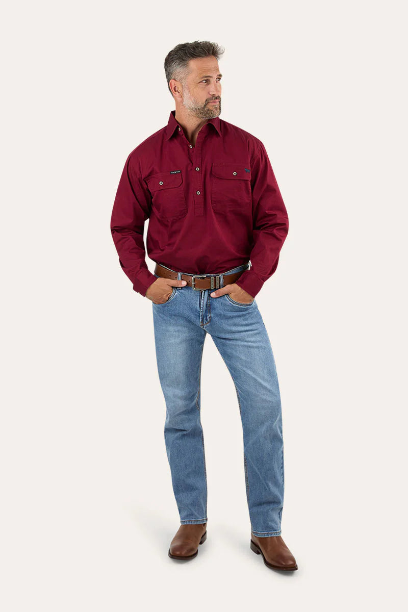 King River Mens Half Button Work Shirt - Burgundy
