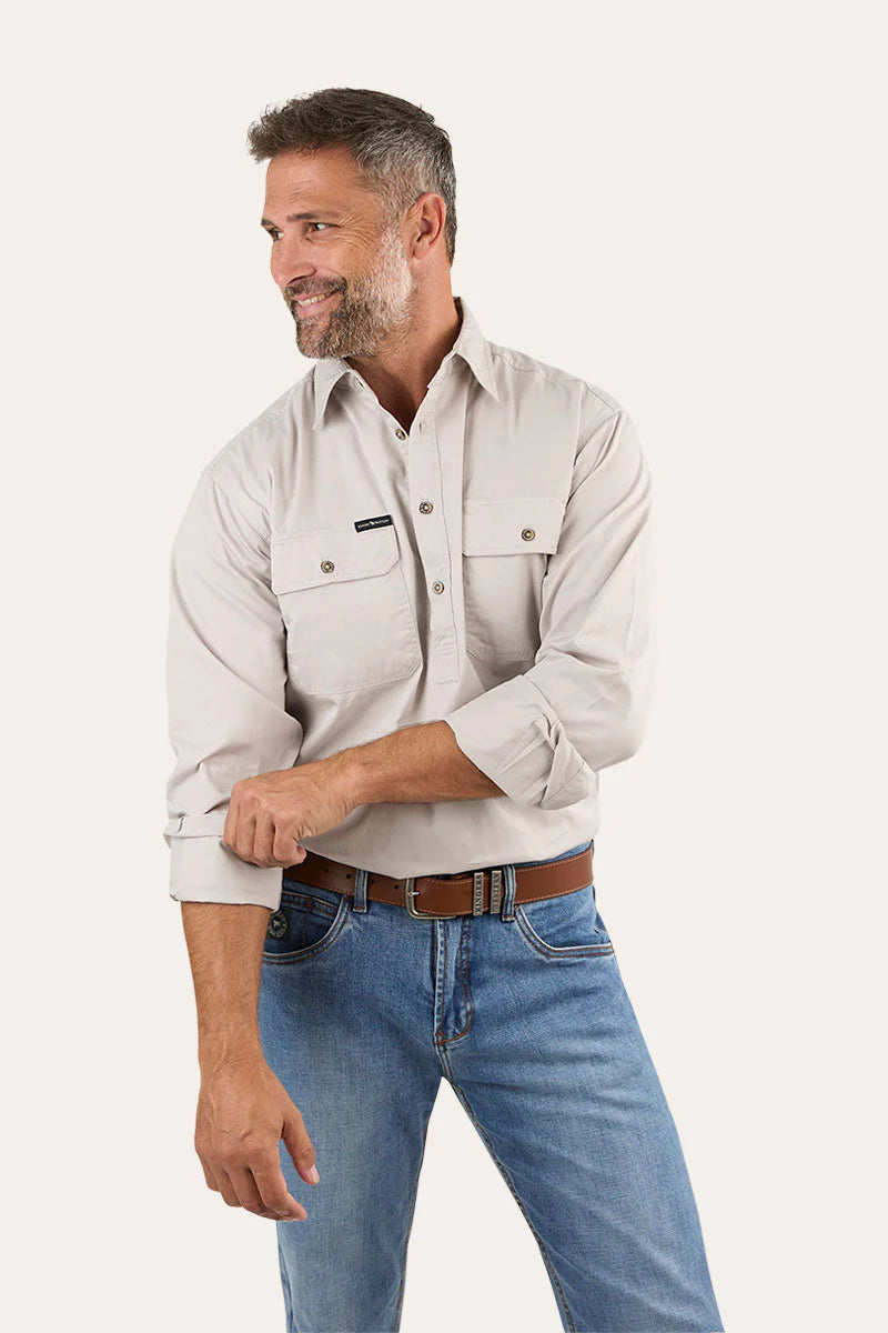 King River Mens Half Button Work Shirt - Beige