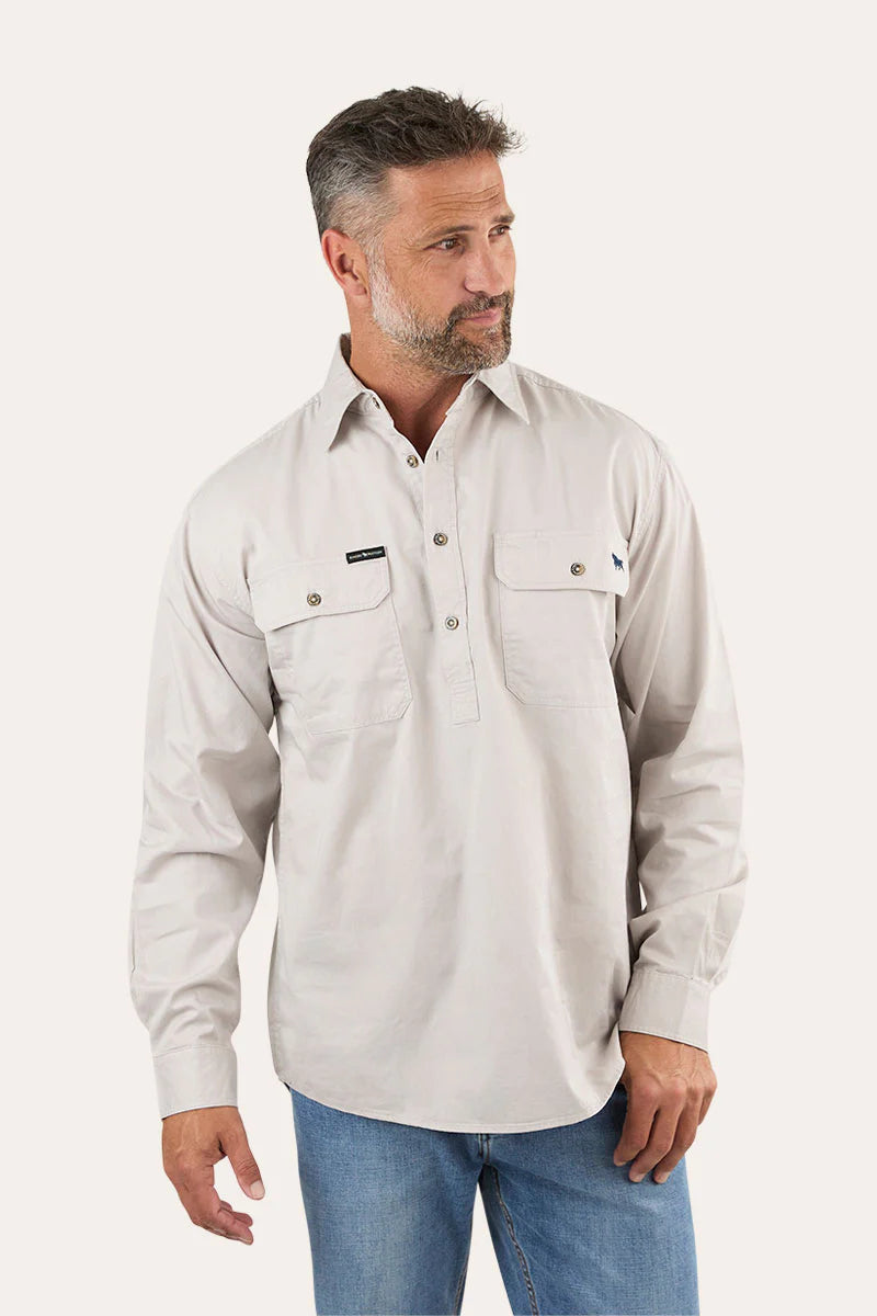 King River Mens Half Button Work Shirt - Beige