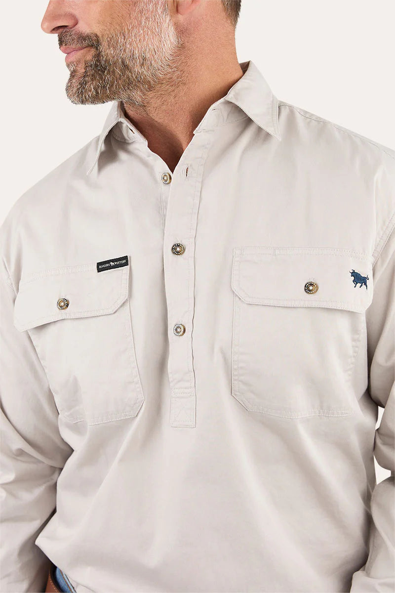 King River Mens Half Button Work Shirt - Beige