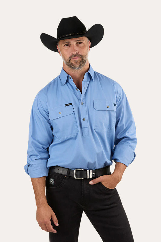 King River Mens Half Button Work Shirt - Denim Blue