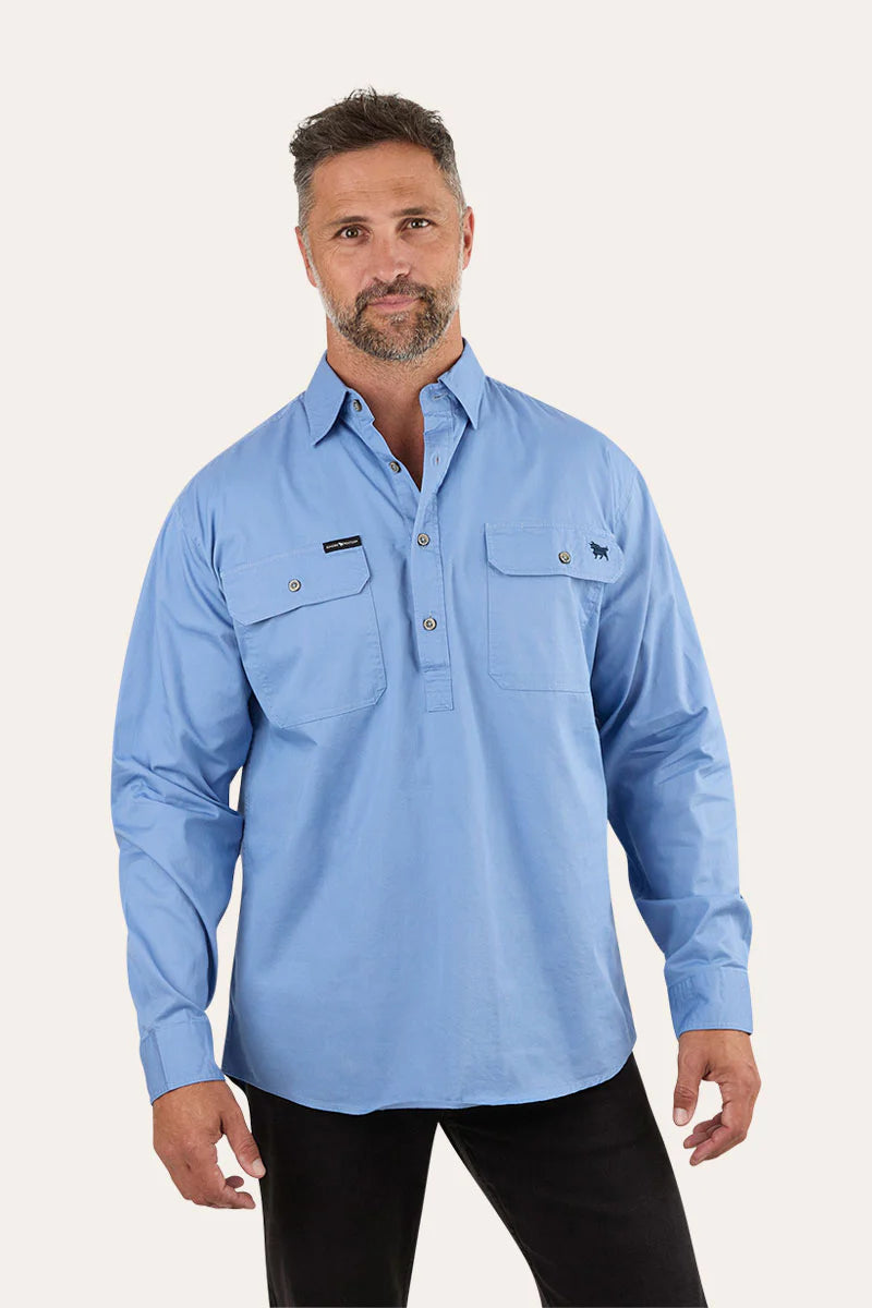 King River Mens Half Button Work Shirt - Denim Blue