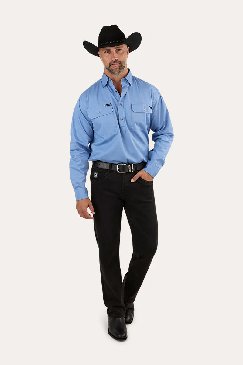 King River Mens Half Button Work Shirt - Denim Blue
