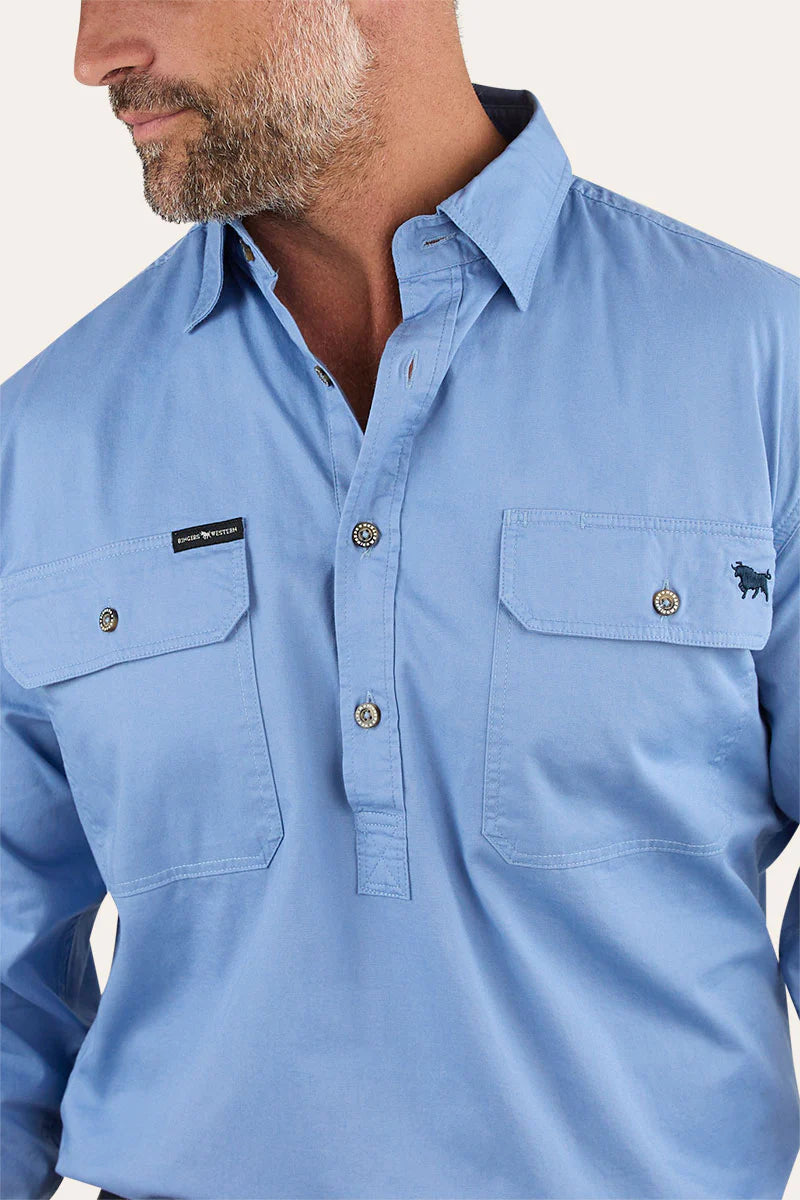 King River Mens Half Button Work Shirt - Denim Blue