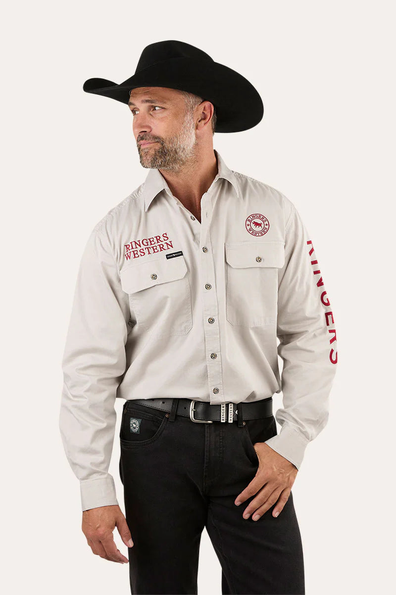 Hawkeye Mens Full Button Work Shirt - Beige / Red