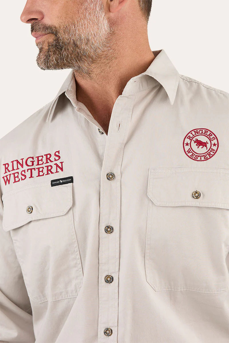 Hawkeye Mens Full Button Work Shirt - Beige / Red