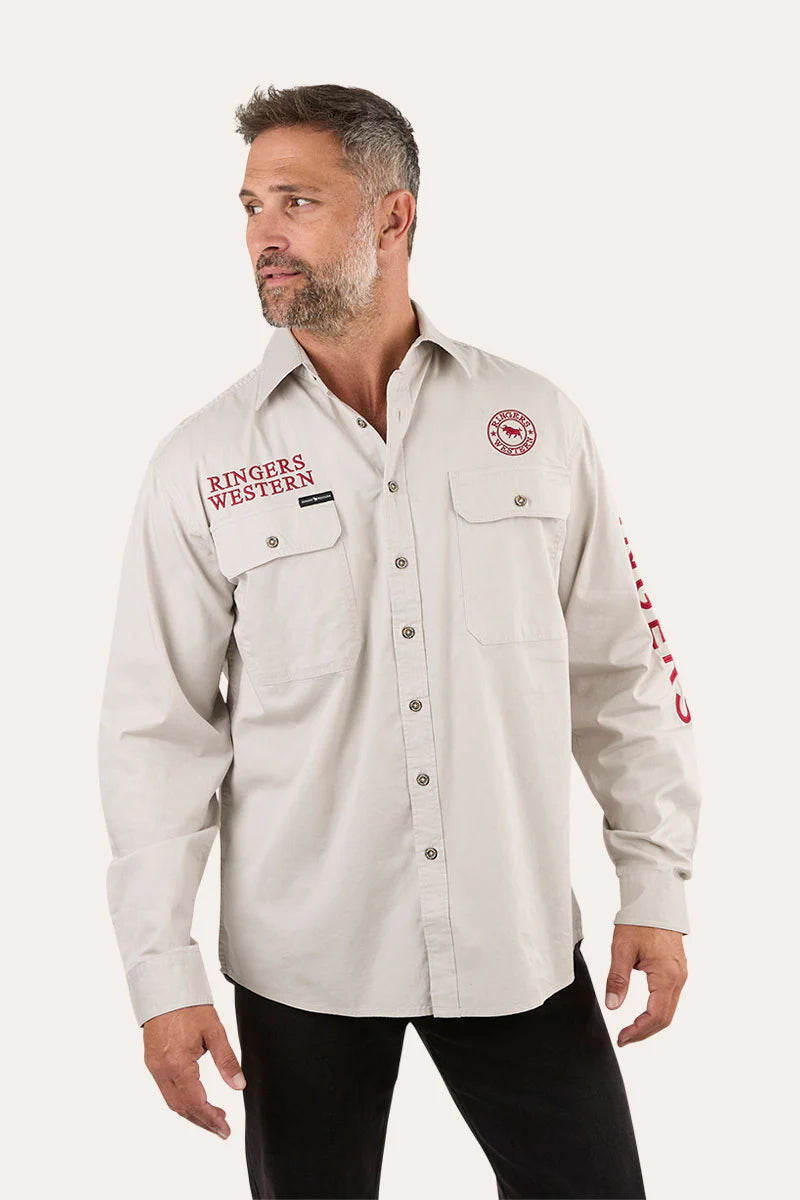 Hawkeye Mens Full Button Work Shirt - Beige / Red