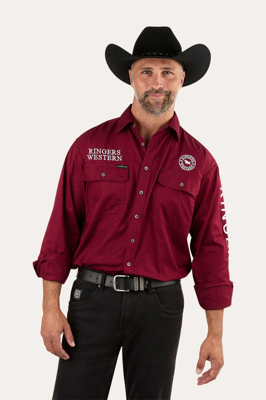 Hawkeye Mens Full Button Work Shirt - Burgundy
