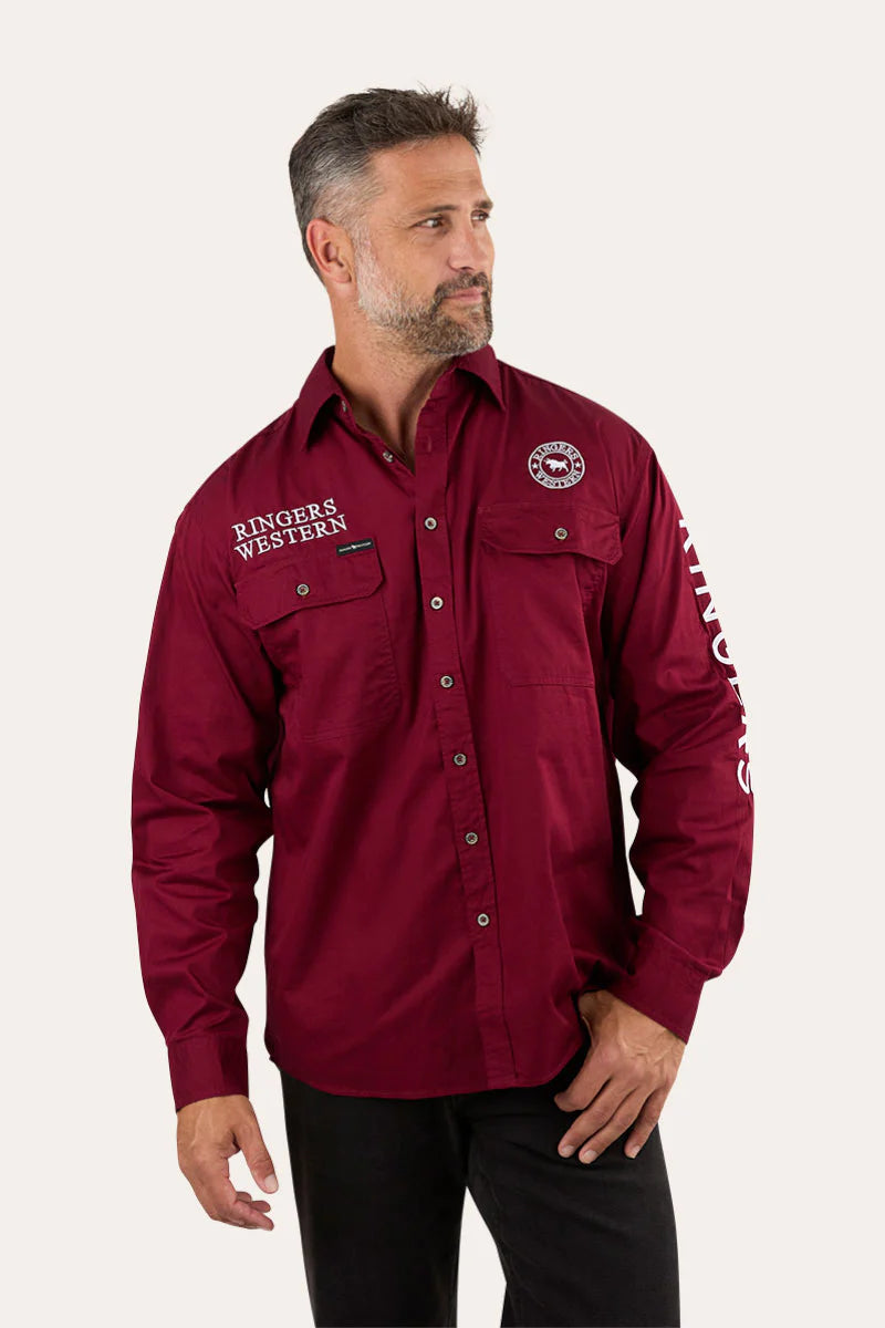 Hawkeye Mens Full Button Work Shirt - Burgundy