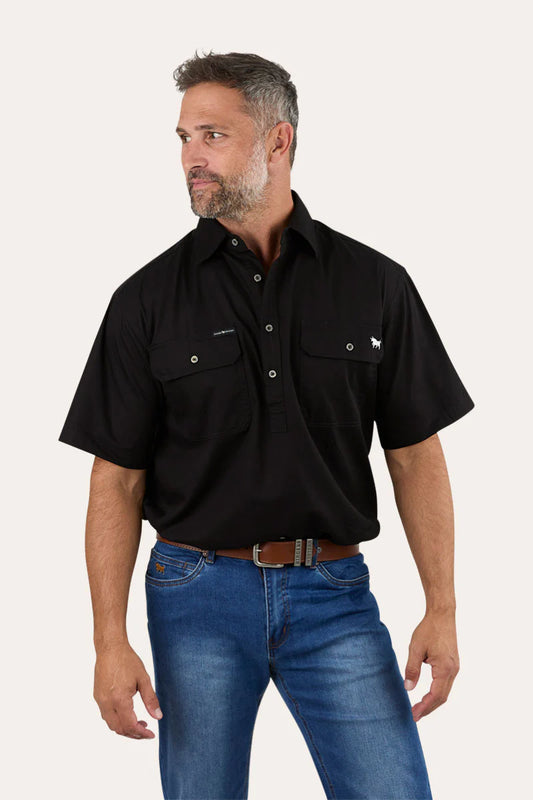 Pack Saddle Mens Short Sleeve Half Button Work Shirt - Black