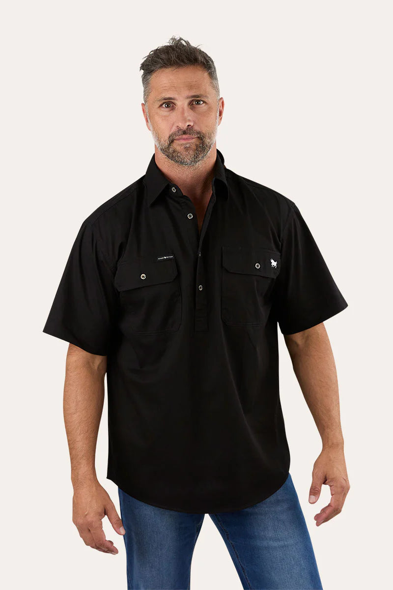 Pack Saddle Mens Short Sleeve Half Button Work Shirt - Black