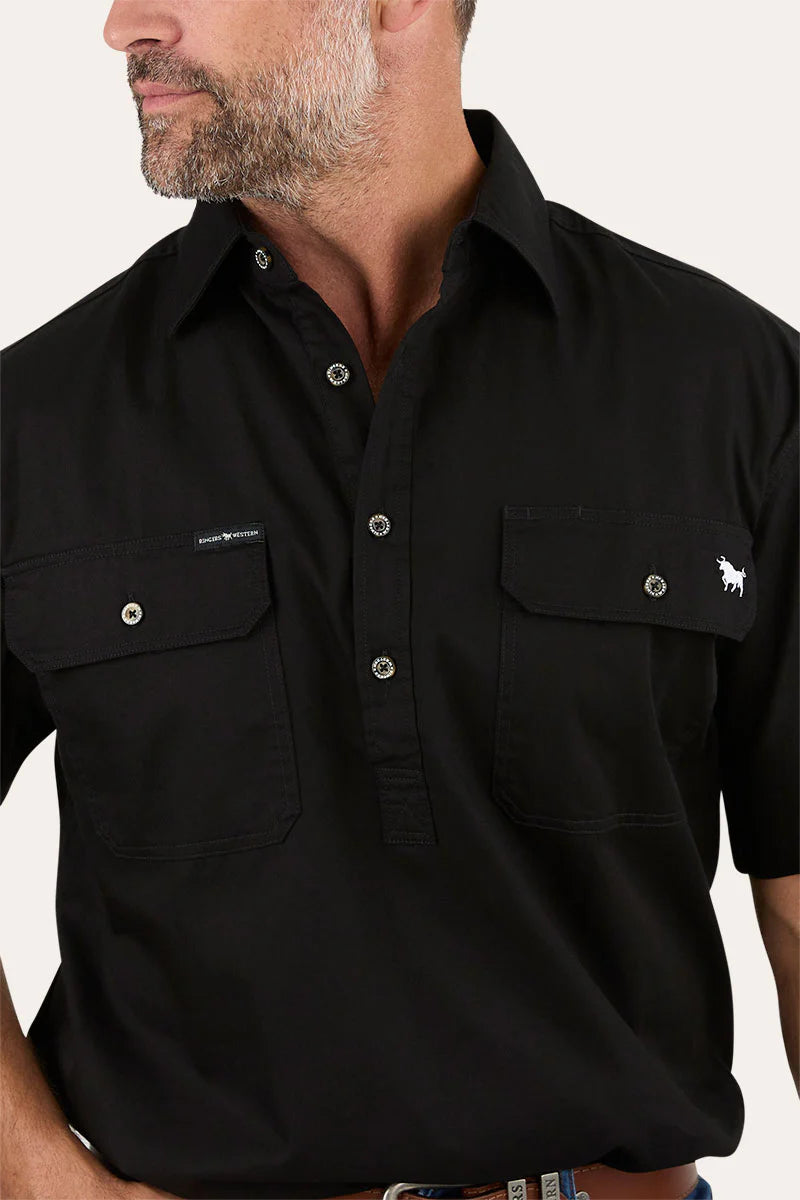 Pack Saddle Mens Short Sleeve Half Button Work Shirt - Black