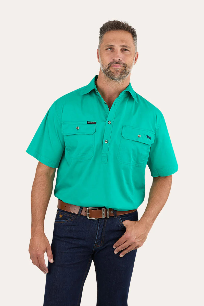 Pack Saddle Mens Short Sleeve Half Button Work Shirt - Green