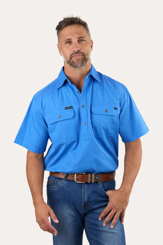 Pack Saddle Mens Short Sleeve Half Button Work Shirt - Blue