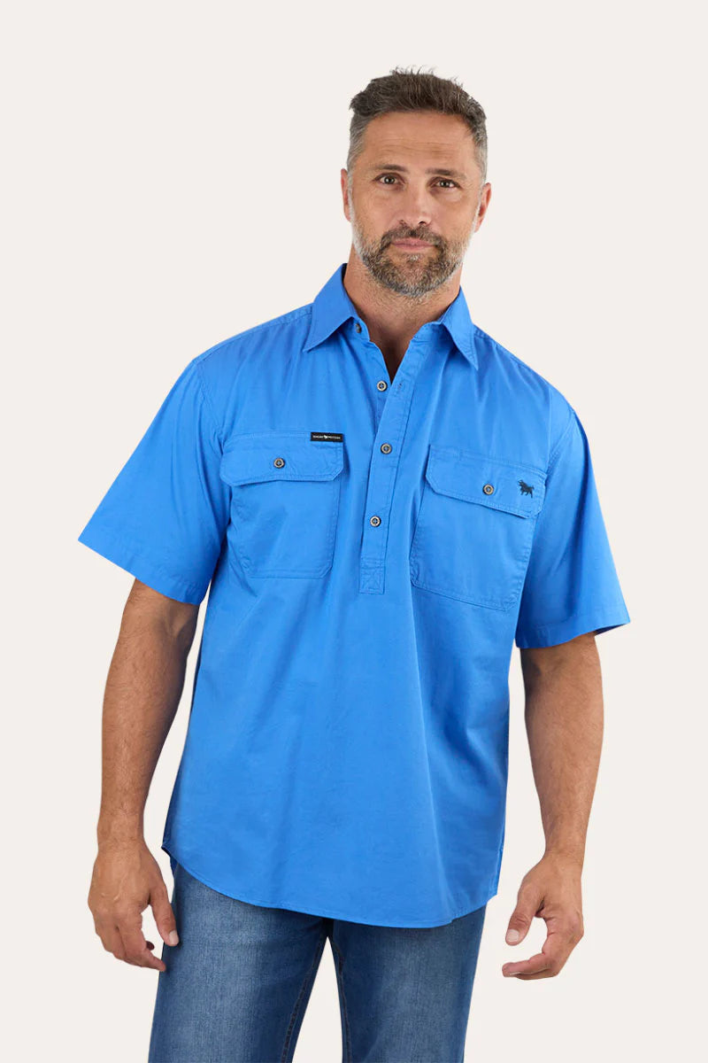 Pack Saddle Mens Short Sleeve Half Button Work Shirt - Blue