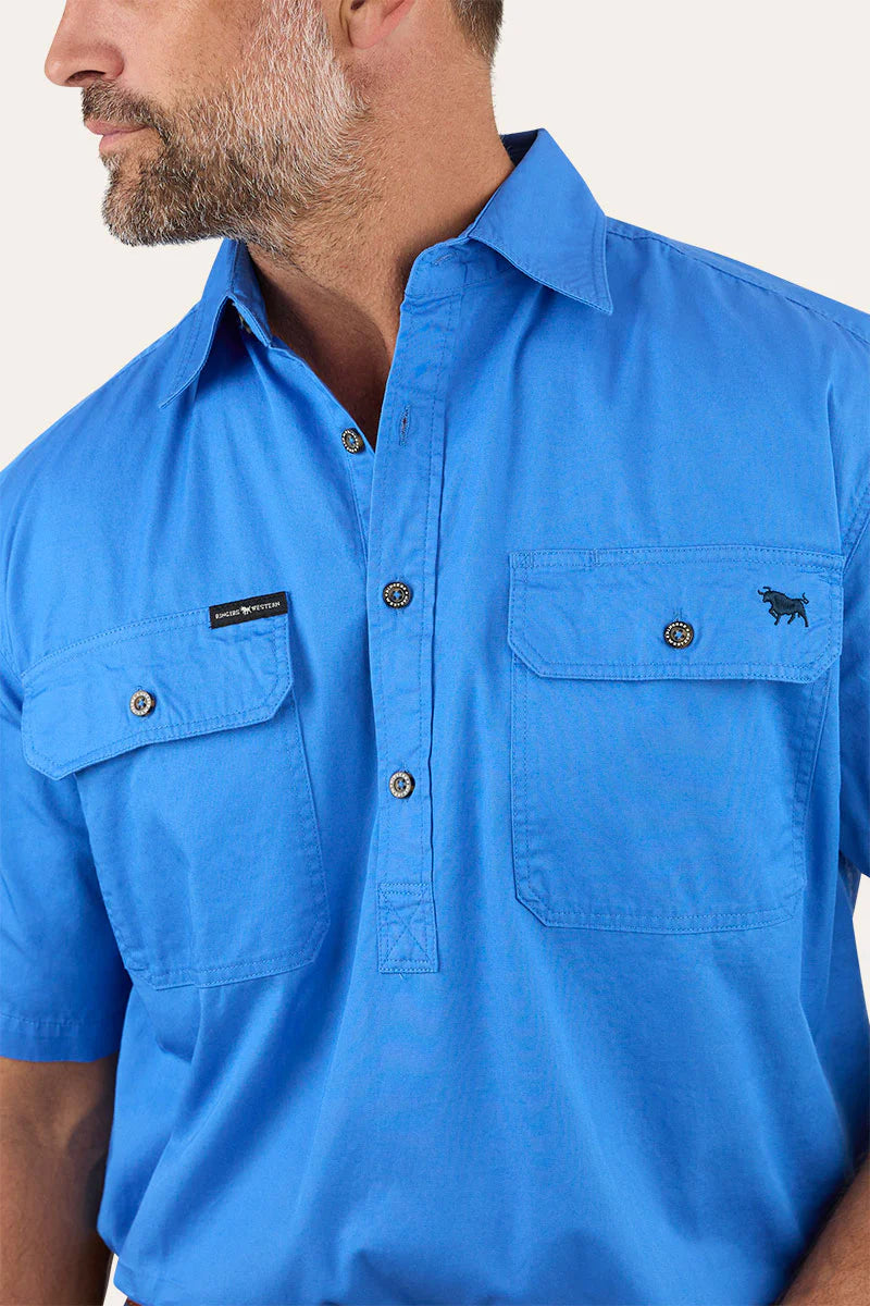 Pack Saddle Mens Short Sleeve Half Button Work Shirt - Blue