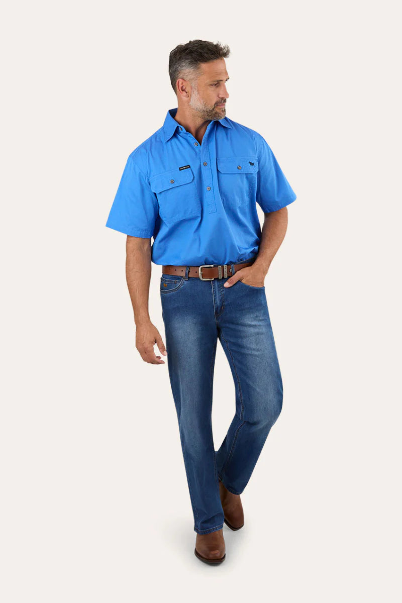 Pack Saddle Mens Short Sleeve Half Button Work Shirt - Blue