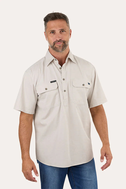 Pack Saddle Mens Short Sleeve Half Button Work Shirt - Beige