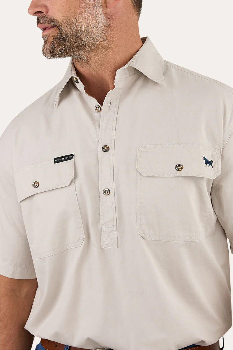 Pack Saddle Mens Short Sleeve Half Button Work Shirt - Beige