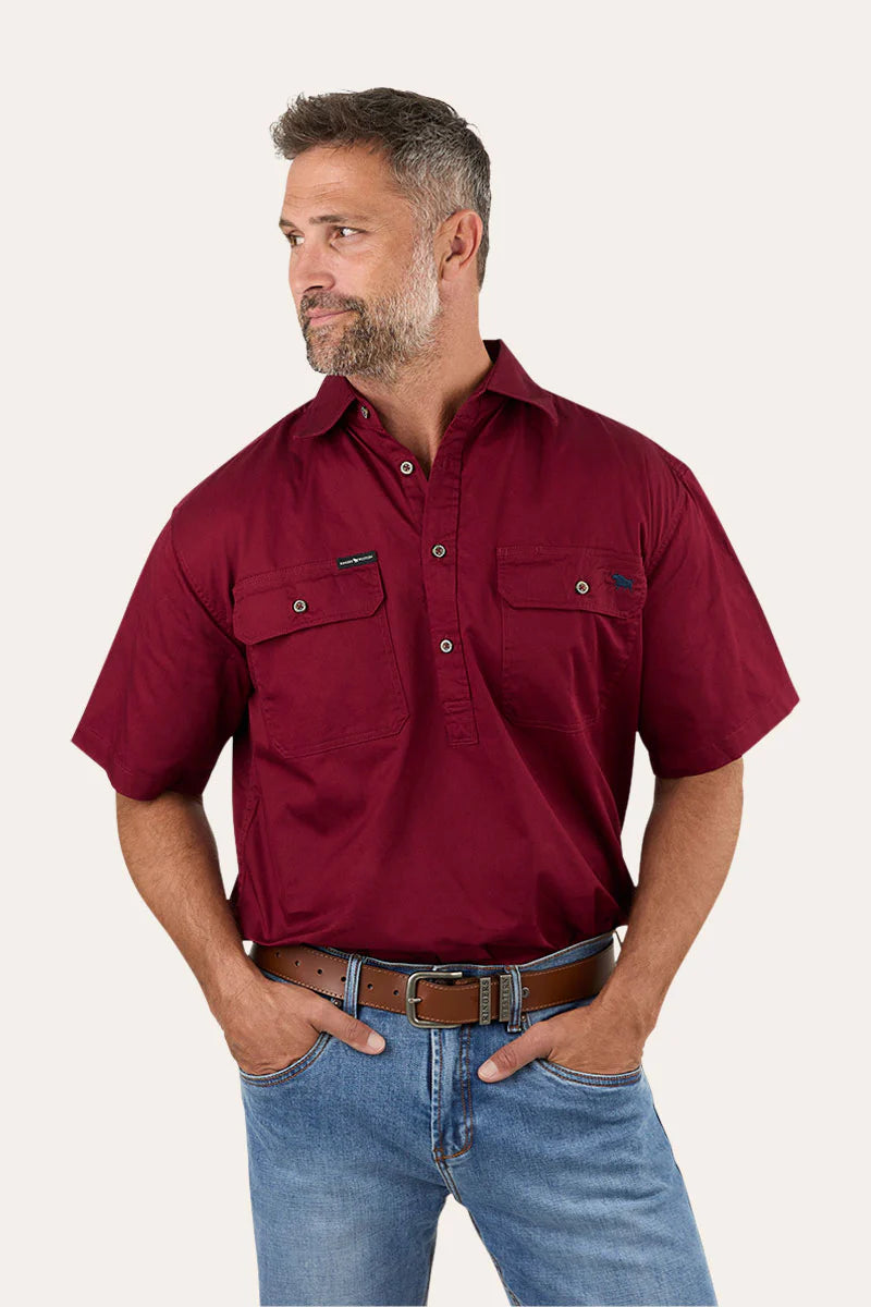 Pack Saddle Mens Short Sleeve Half Button Work Shirt - Burgundy