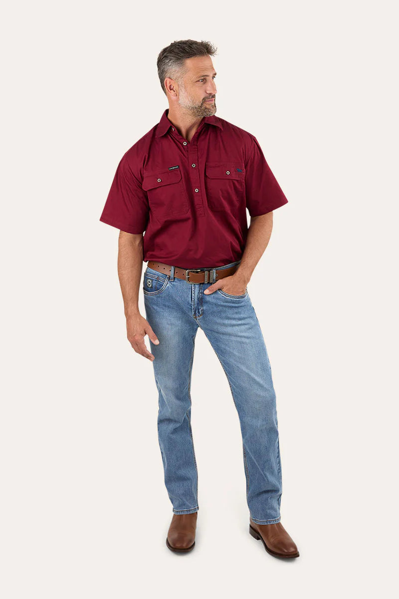 Pack Saddle Mens Short Sleeve Half Button Work Shirt - Burgundy
