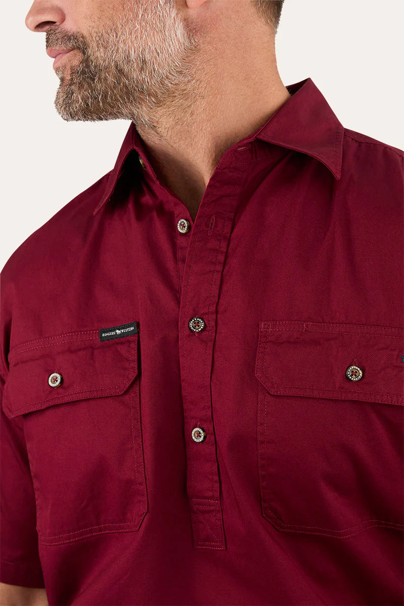 Pack Saddle Mens Short Sleeve Half Button Work Shirt - Burgundy