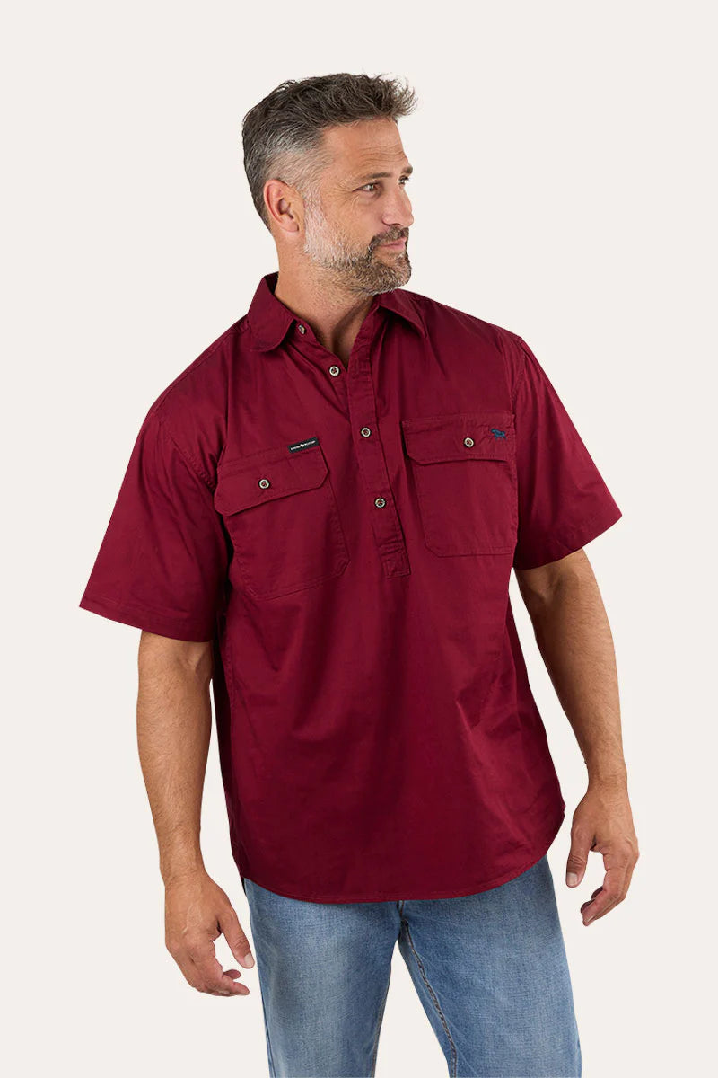 Pack Saddle Mens Short Sleeve Half Button Work Shirt - Burgundy
