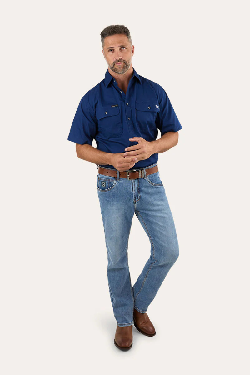 Pack Saddle Mens Short Sleeve Half Button Work Shirt - Navy