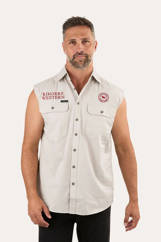 Hawkeye Mens Sleevless Work Shirt - Beige with Dark Red Embroidery
