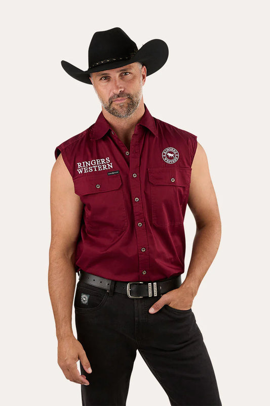 Hawkeye Mens Sleevless Work Shirt - Burgundy with White Embroidery