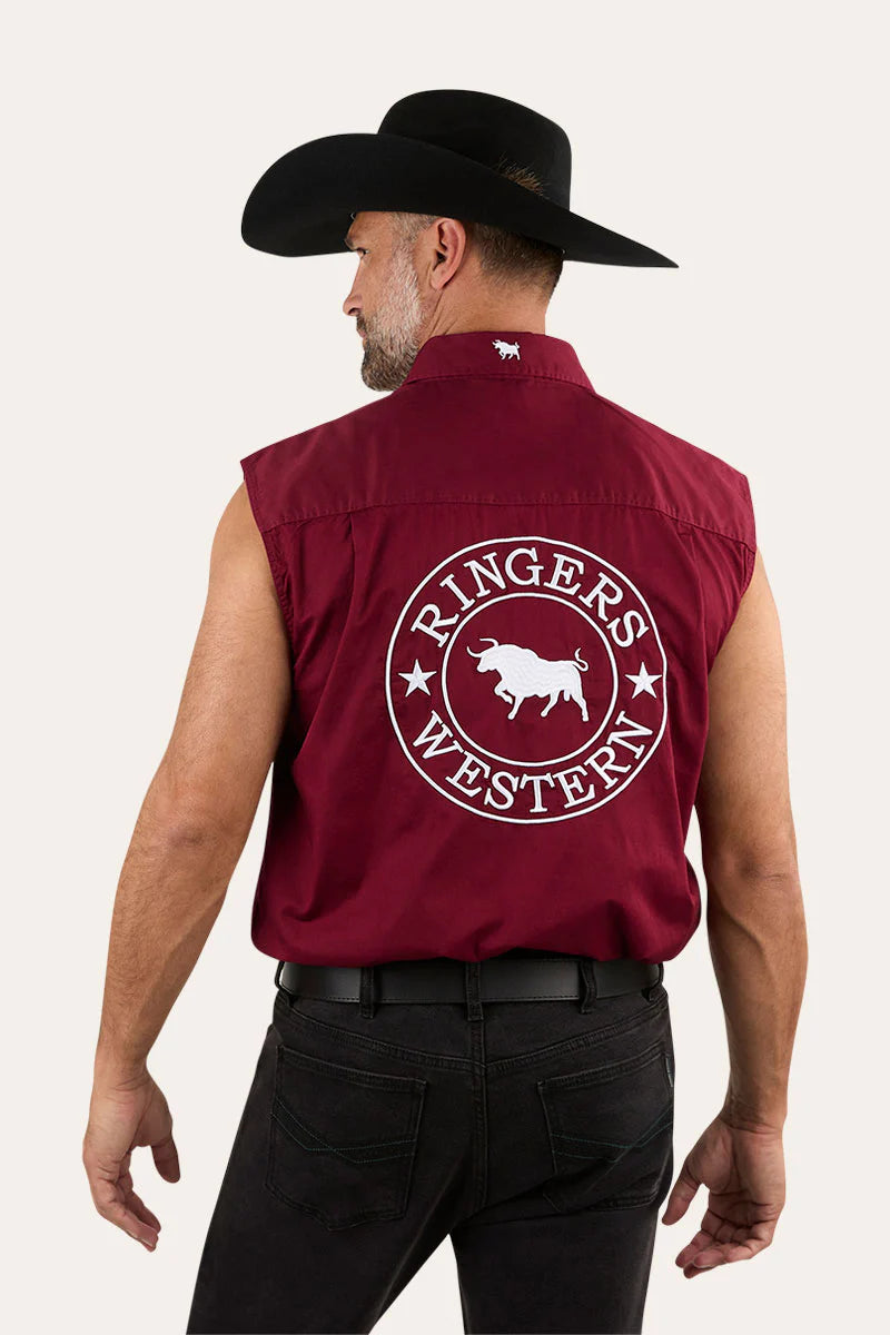 Hawkeye Mens Sleevless Work Shirt - Burgundy with White Embroidery